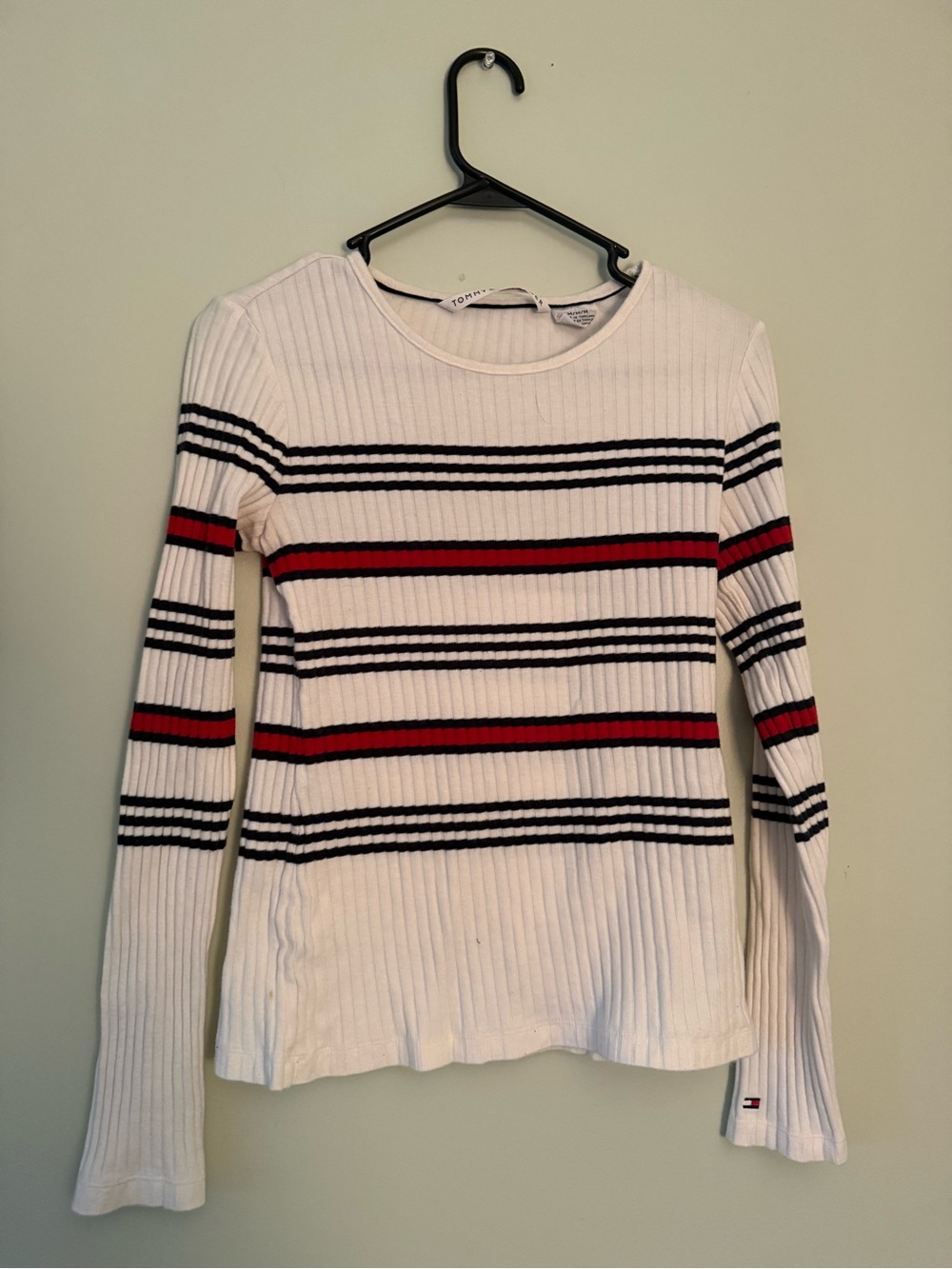 Tommy Hilfiger White Ribbed Crewneck Top with Navy & Red Stripes